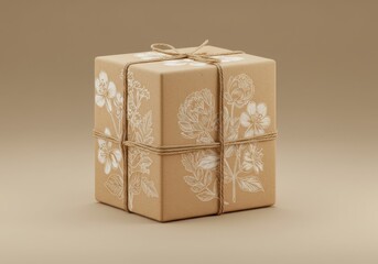 Two stacked brown gift boxes tied with twine and decorated with white floral patterns