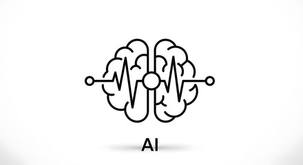 A minimalist line drawing of a brain with a heartbeat line and the letters ai below it on white