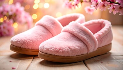 Fluffy pink slippers on light wood, blossoms and lights blurred in background