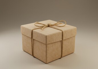 Simple kraft paper gift box tied with gold ribbon on neutral background