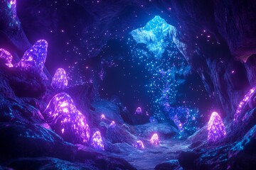Explore a captivating cave illuminated by neon light. Glowing minerals create a magical atmosphere, evoking wonder in this mesmerizing underground world filled with color and beauty