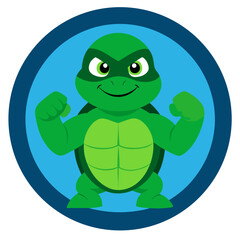 Cute Turtle Mascot: Green Glow-Eyed Character with Fists in Rounded Youth Badge