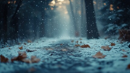 Snowy forest path with falling snow and autumn leaves
