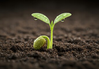New life emerges tiny green sprout pushing through dark rich soil