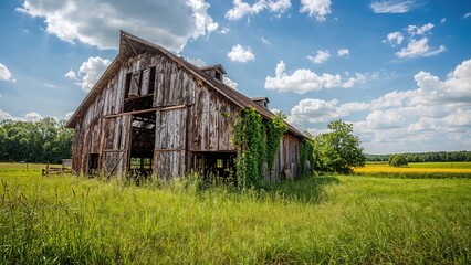 Obraz premium A vintage barn falling apart amidst rural surroundings.