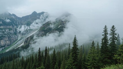 Obraz premium An overhead shot capturing fog blanketing a mountainous wooded area.