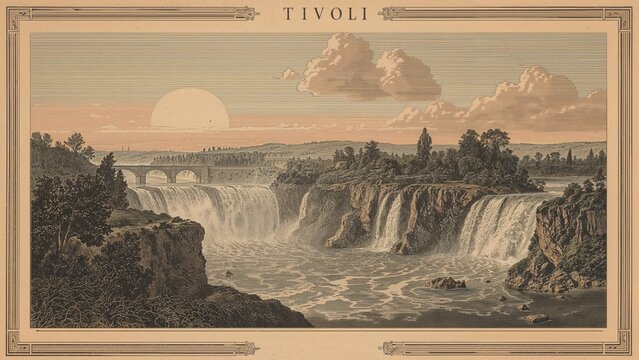An old engraving depicting scenic waterfalls, created by Bartlett and Brandard in the mid-19th century.