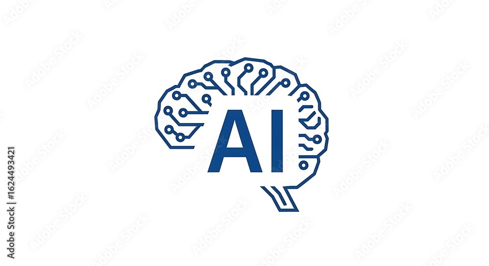 Poster a blue ai brain logo with circuit board design on a white background representing artificial intelli