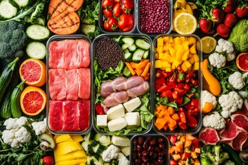 Overhead view of a vibrant meal prep set up with various containers filled with fresh vegetables, lean proteins, and an assortment of fruits, promoting healthy eating habits