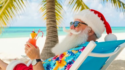 Man in Santa hat and tropical shirt relaxes in a beach chair with a festive cocktail, enjoying a Christmas resort vacation footage.