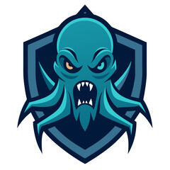 Monstrous Squid Mascot: Detailed Suckers and Intense Gaze in Bold Aquatic Badge
