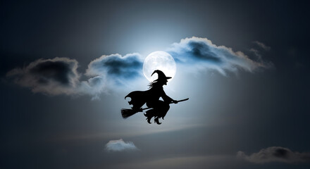 Silhouette of a witch on a broomstick silhouetted against the moonlight in the night sky