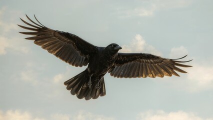 Graceful ebony bird flying with wings stretched out wide.