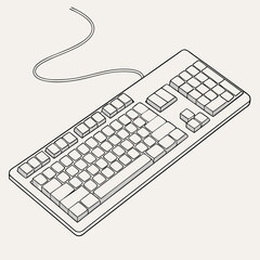 A detailed line drawing illustration of a modern computer keyboard with a connected cable on a neutral background