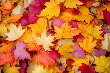 A rich array of colorful autumn leaves blankets the ground, showcasing shades of red, yellow, and orange. This picturesque scene captures the essence of fall in a tranquil outdoor location