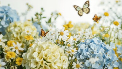 Charming nature card showcasing yellow and blue flowers of hydrangeas and daisies on a pristine white canvas with soft bokeh butterflies.