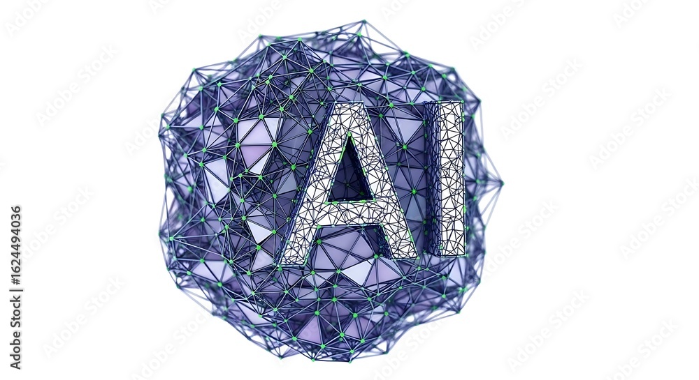 Poster abstract ai lettering inside a geometric structure with blue and green nodes on a white background