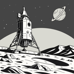 Retro style lunar lander rests on a rocky alien planet surface with a ringed planet in the starry sky © shahin10