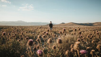 Lone presence surrounded by dry thistles