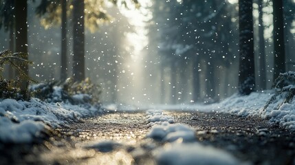 Snowy forest path with sunlight filtering through trees