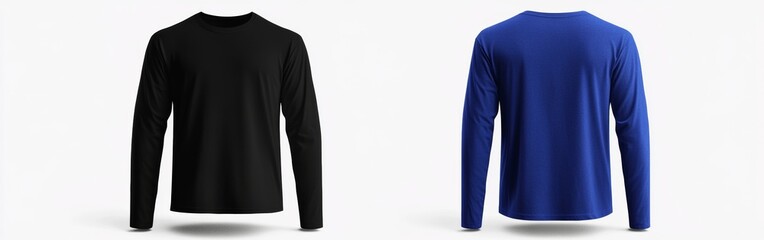This mockup showcases a royal blue long-sleeve t-shirt from both front and back views. The design is ideal for showcasing clothing creations with high detail and clarity