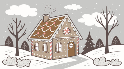 Naklejka premium Charming gingerbread house in a snowy winter landscape, perfect for christmas and holiday celebrations, with a whimsical and festive design