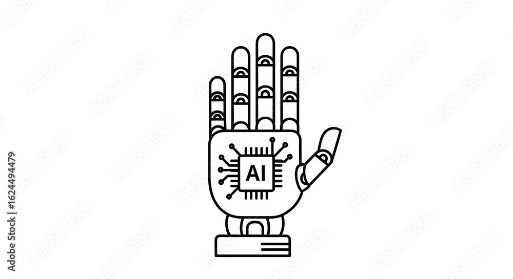 Aufkleber a line drawing of an ai hand with a chip on the palm and a base on a white background image
