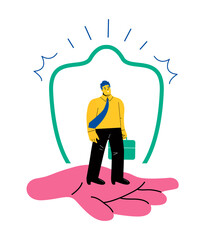 Business man in a hand holds client. Customer Care, retention or loyalty concept. Flat vector illustration isolated on white background
