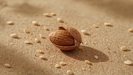 Nuts in their shells scattered on a surface