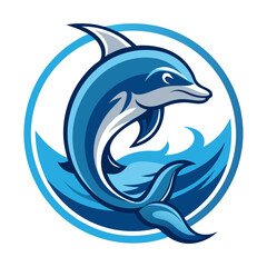 Leaping dolphin in a circular wave badge with clean ocean-themed vector outlines.