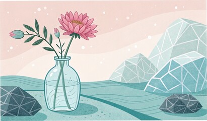 Pink flowers bouquet in a glass vase with green leaves and spring blossoms