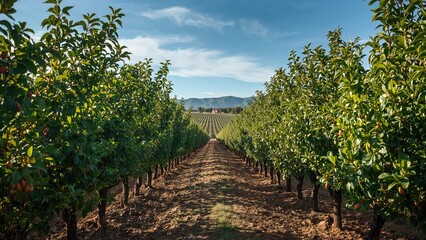 Naklejka premium Expansive Almond Tree Farms in a Rich Valley