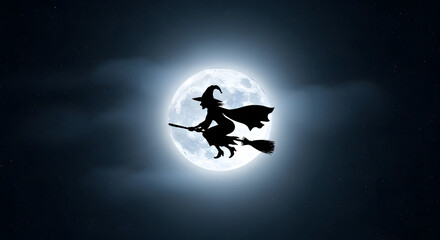 Eerie silhouette of a witch soaring across the moonlit sky on her broomstick for Halloween