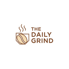 A minimalist logo featuring a coffee bean within a geometric shield, with steam rising, alongside the text 'THE DAILY GRIND'.