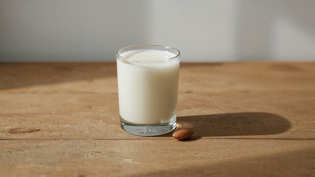 Nut milk with almonds on a rustic wooden surface - beverage