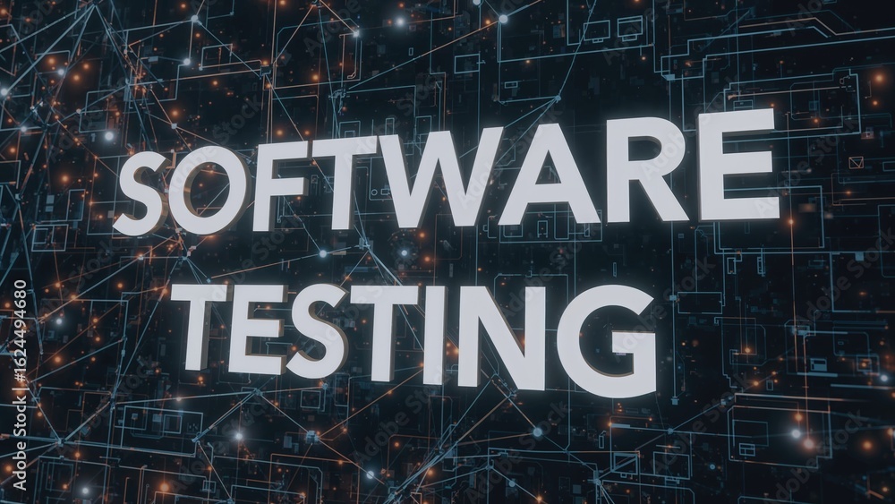 Poster advanced 3d digital exhibit featuring 'software testing' text illustrating innovation in business an