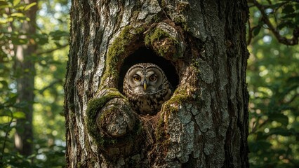 Focused small owl with characteristic neck-band and yellow eyes emerging from a tree nest in a natural park setting