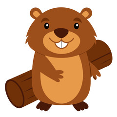 Smiling beaver holding a wooden log, framed in a playful badge with earthy brown and tan fur.