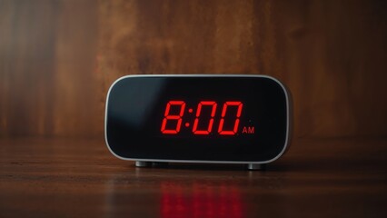 Starting time indicated on an alarm clock placed on a timber background.