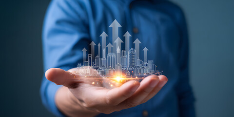 Future growth concept visualized with upward arrows over city skyline held in hand