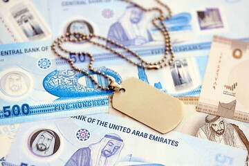 United Arab Emirates dirham currency money bills and military token. The concept of army service