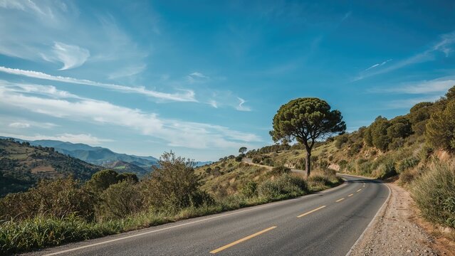 Travel route through a peaceful natural landscape with vibrant blue sky and lush greenery