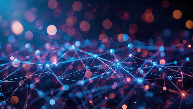 3D visualization of an abstract neural network with vibrant bokeh background