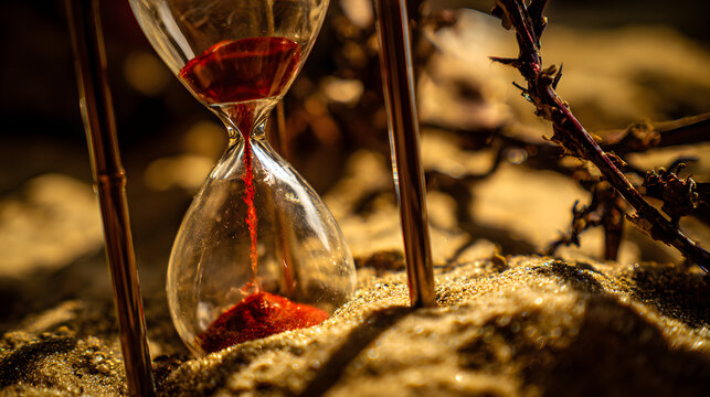 Translucent hourglass with memories as sand, some grains glowing red to signify cognitive health concerns.