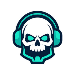 Glowing gamer skull with pixel-style headset, crafted in a modern high-tech esports style.
