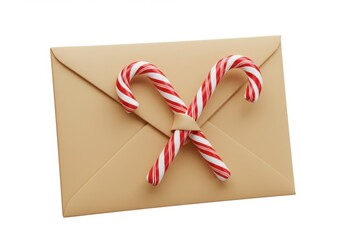 Festive christmas card tied with red and white candy canes on kraft paper