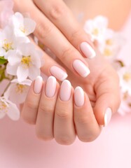 Fototapeta premium Close-up of elegantly manicured hands, featuring a soft pink and white French tip design, gently cradled amongst delicate white blossoms on a pink background