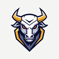 Stylized bull head logo with sharp horns and intense eyes, representing power, aggression, and a winning spirit, ideal for esports or athletic teams, isolated on white background