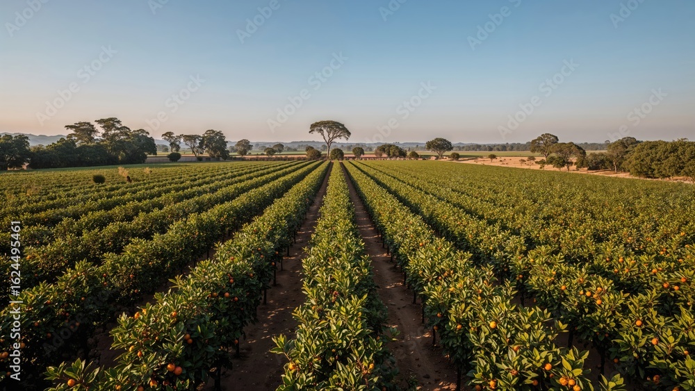 Poster overhead image capturing orange trees planted in neat rows