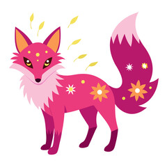 Vibrant pink fox with glowing eyes, thorned floral decor, and bold, radiant vector fur strokes.